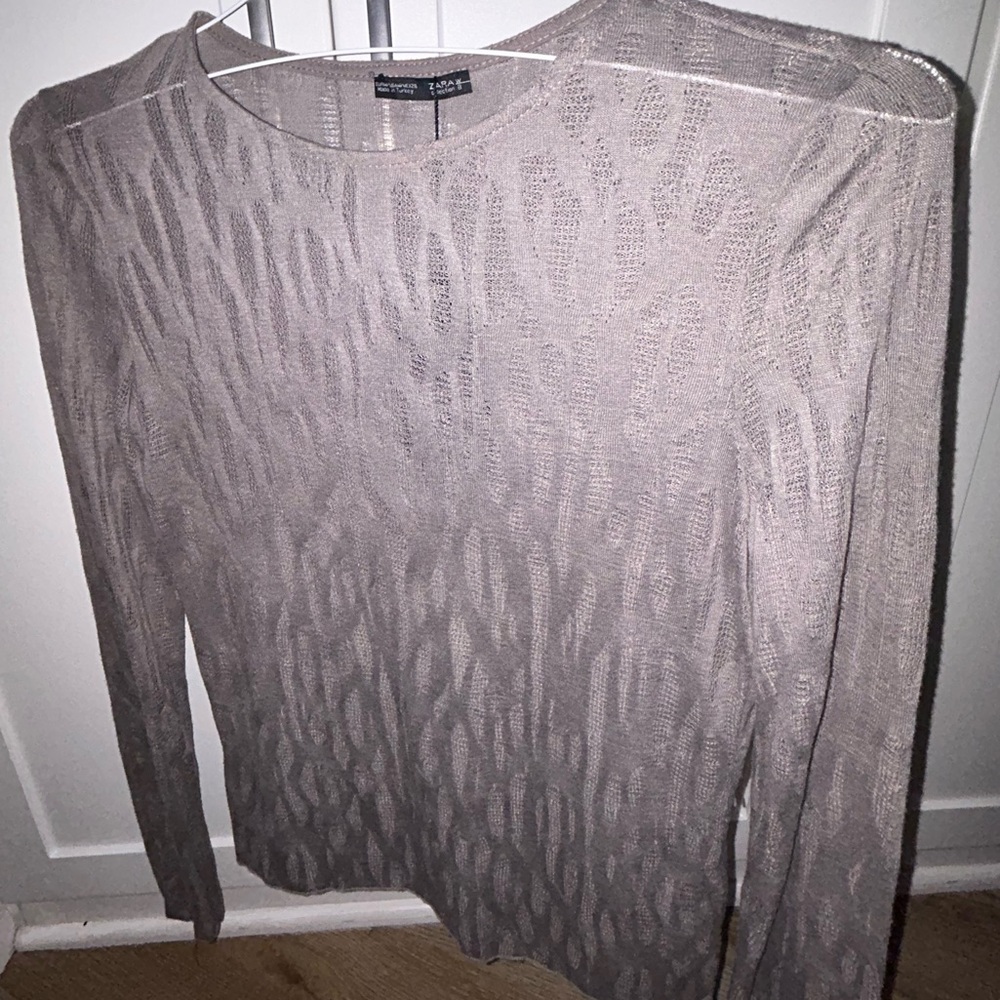 Zara NWT gray sheer Lace Top shirt long sleeve medium